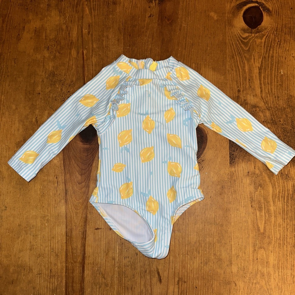 Fresh Lemon Stripe Ruffle Long Sleeve Rashguard Swim Suit Baby Girl Sz 6 Mos